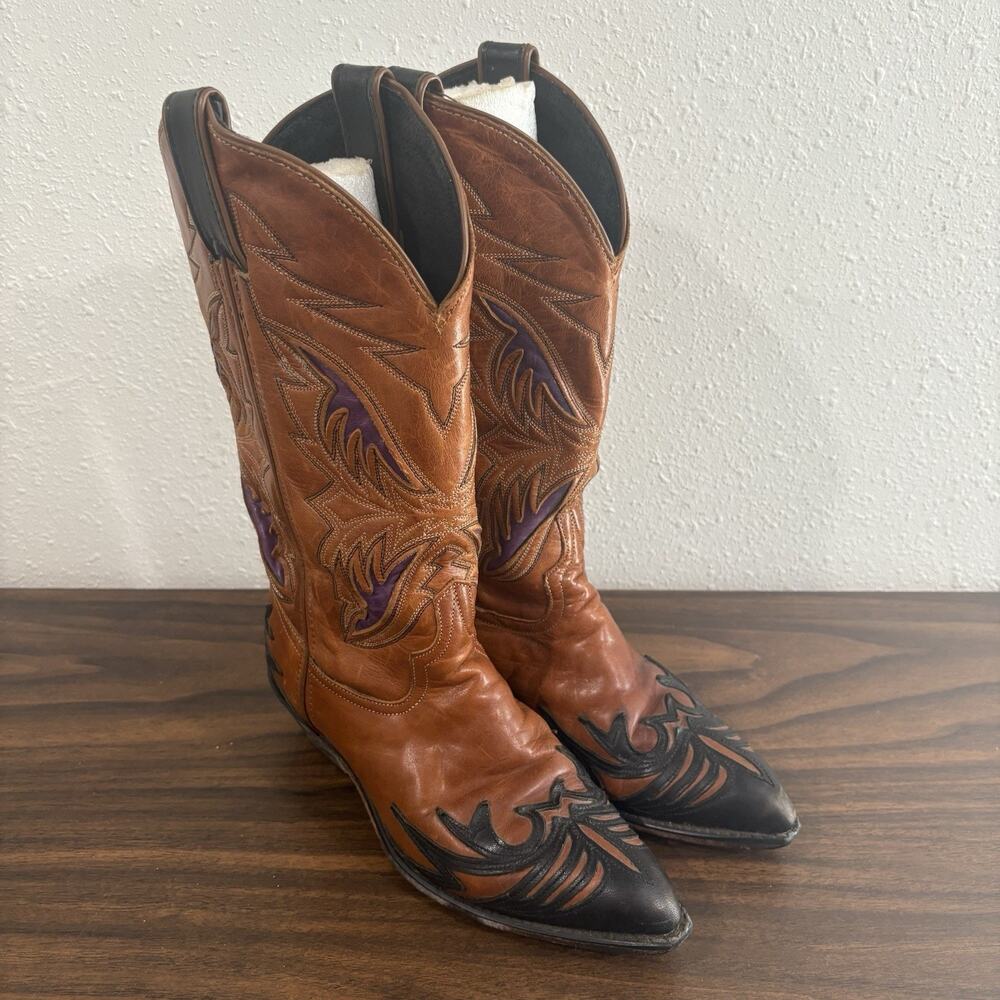 Vintage Code West Western Boots Womens 6M Cognac Purple Leather Cowboy Wingtip‎
